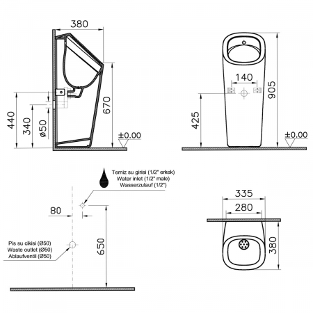 Monobloc pisoar cu mecanism de spalare integrat, alimentare spate, cu baterii, alb mat | 7809B001-5330 [1]
