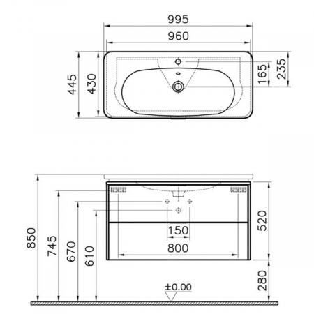 Unitate de baza lavoar baie 100cm, cu 2 drawers, alb inalt gloss | 56442 [1]