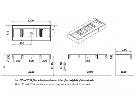 counter cu drawer 120 cm, elm, middle hole, cu middle syphon hole | 65687 [1]