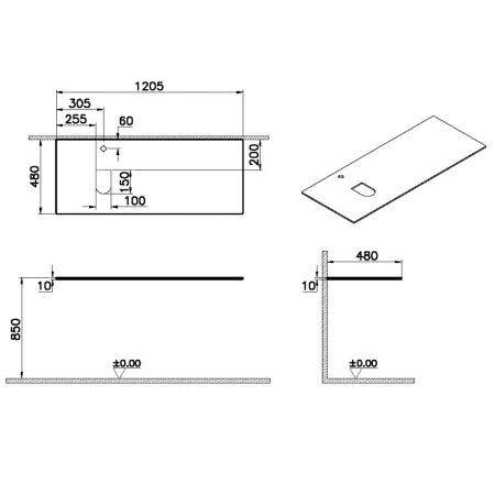 glass counter, cu orificiu robinet, cu stanga syphon hole 120 cm, alb | 65725 [1]