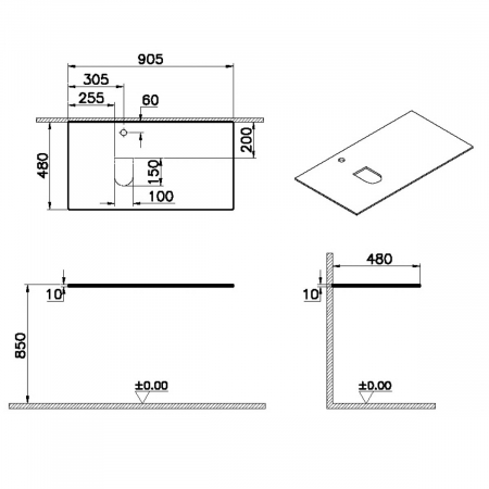 glass counter, cu orificiu robinet, cu stanga syphon hole, 90cm, negru | 65714 [1]