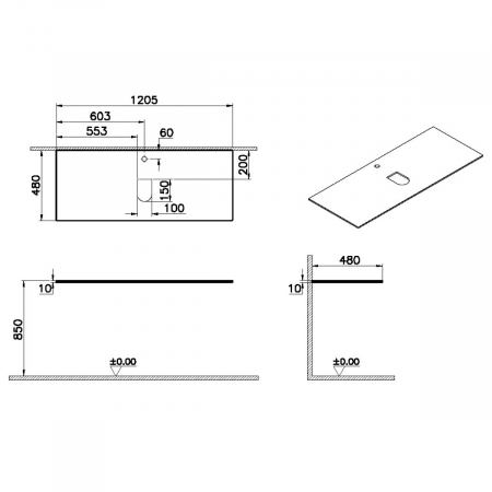 glass counter, cu orificiu robinet, cu middle syphon hole 120 cm, negru | 65738 [1]