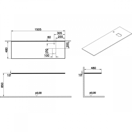 glass counter, cu orificiu robinet, cu dreapta syphon hole, 150cm, alb | 65748 [1]