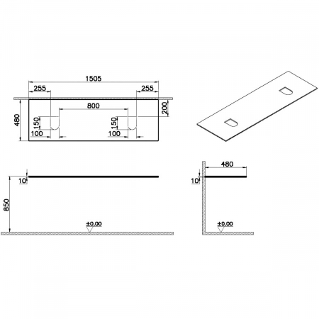 glass counter, fara orificiu robinet, cu double syphon hole, 150cm, negru | 65752 [1]