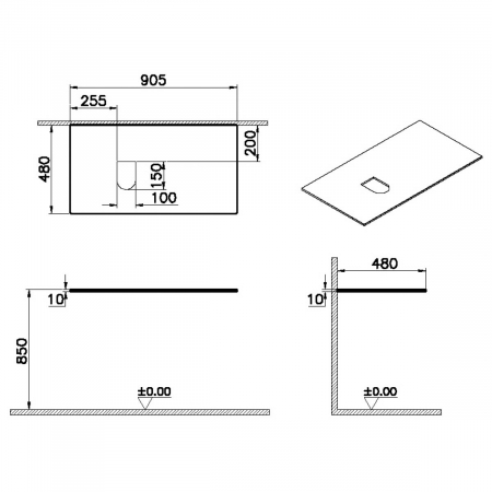 glass counter, fara orificiu robinet, cu stanga syphon hole, 90cm, alb | 65710 [1]