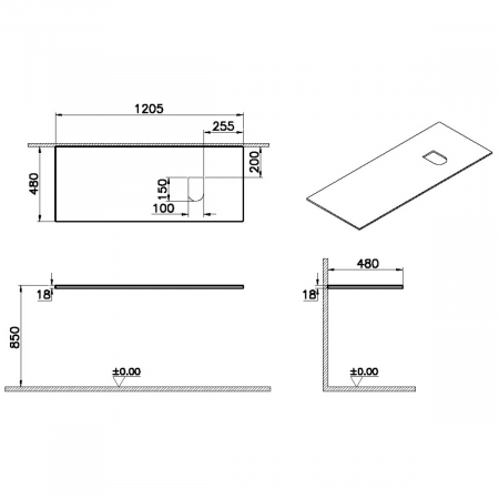 wood counter, cu dreapta syphon hole 120 cm, patterned negru oak | 65927 [1]