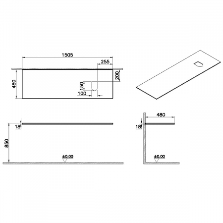 wood counter, cu dreapta syphon hole, 150cm, elm | 65937 [1]