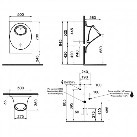 Pisoar cu unitate de spalare electronica integrata, alimentare curent de la retea, alb | 4517B003-5301 [1]