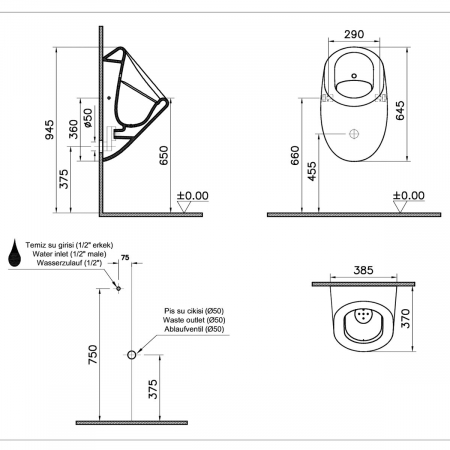 Pisoar spalare fara atingere, cu mecanism de spalare integrat, senzor infrarosu, alimentare spate, cu baterii | 7324B003-5330 [1]