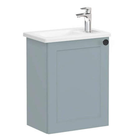 Mobilier de baie - Unitate de baza lavoar baie, cu usi, 45cm, compact, cu dreapta orificiu pentru baterie, mat fijord green, cu angular lavoar / chiuveta baie stanga | 68606