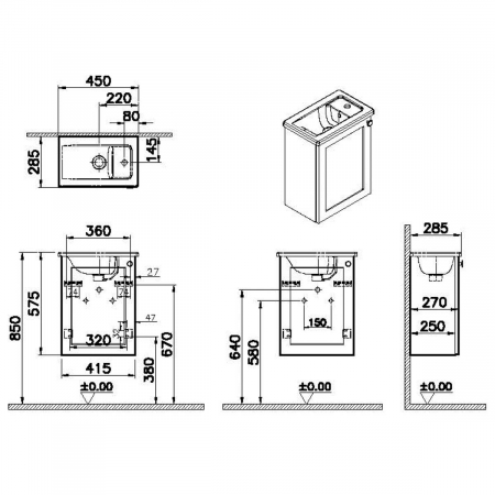 Unitate de baza lavoar baie, cu usi, 45cm, compact, cu dreapta orificiu pentru baterie, mat graphite, cu angular lavoar / chiuveta baie stanga | 68607 [1]