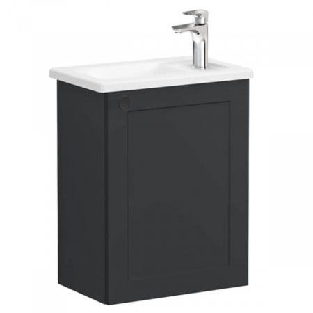 Mobilier de baie - Unitate de baza lavoar baie, cu usi, 45cm, compact, cu dreapta orificiu pentru baterie, mat graphite, cu angular lavoar / chiuveta baie dreapta | 68614