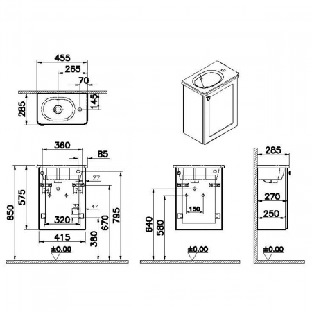 Unitate de baza lavoar baie, cu usi, 45cm, compact, cu dreapta orificiu pentru baterie, mat graphite, cu rounded lavoar / chiuveta baie dreapta | 68628 [1]