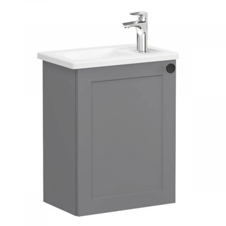 Mobilier de baie - Unitate de baza lavoar baie, cu usi, 45cm, compact, cu dreapta orificiu pentru baterie, mat grey, cu angular lavoar / chiuveta baie stanga | 68605