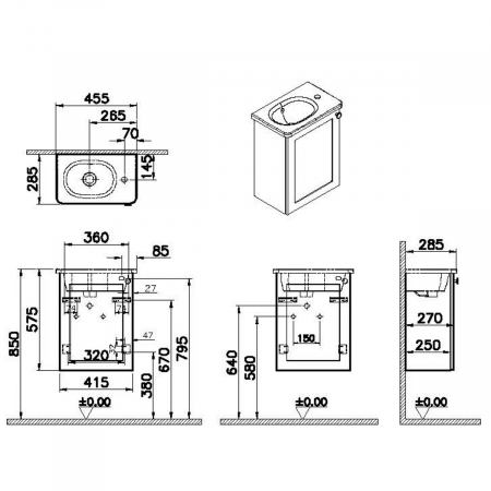 Unitate de baza lavoar baie, cu usi, 45cm, compact, cu dreapta orificiu pentru baterie, mat grey, cu rounded lavoar / chiuveta baie stanga | 68619 [1]