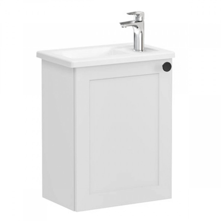 Mobilier de baie - Unitate de baza lavoar baie, cu usi, 45cm, compact, cu dreapta orificiu pentru baterie, mat gri deschis, cu angular lavoar / chiuveta baie stanga | 68604