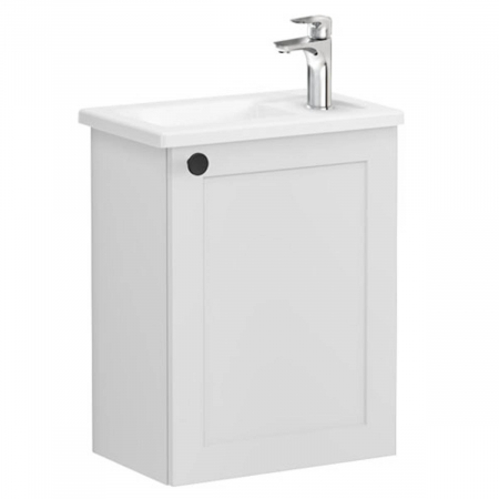 Mobilier de baie - Unitate de baza lavoar baie, cu usi, 45cm, compact, cu dreapta orificiu pentru baterie, mat gri deschis, cu angular lavoar / chiuveta baie dreapta | 68611