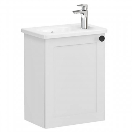 Mobilier de baie - Unitate de baza lavoar baie, cu usi, 45cm, compact, cu dreapta orificiu pentru baterie, mat gri deschis, cu rounded lavoar / chiuveta baie stanga | 68618
