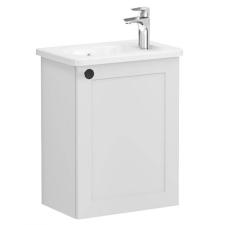 Mobilier de baie - Unitate de baza lavoar baie, cu usi, 45cm, compact, cu dreapta orificiu pentru baterie, mat gri deschis, cu rounded lavoar / chiuveta baie dreapta | 68625