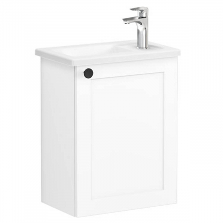 Mobilier de baie - Unitate de baza lavoar baie, cu usi, 45cm, compact, cu dreapta orificiu pentru baterie, alb mat, cu angular lavoar / chiuveta baie dreapta | 68610