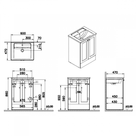 Unitate de baza lavoar baie, cu usi 60cm pe pardoseala, mat grey, cu angular lavoar / chiuveta baie | 68752 [1]