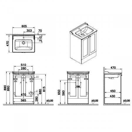 Unitate de baza lavoar baie, cu usi 60cm pe pardoseala, alb mat, cu classical lavoar / chiuveta baie | 68764 [1]