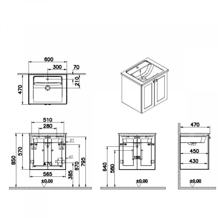 Unitate de baza lavoar baie, cu usi 60cm alb mat, cu angular lavoar / chiuveta baie | 68687 [1]