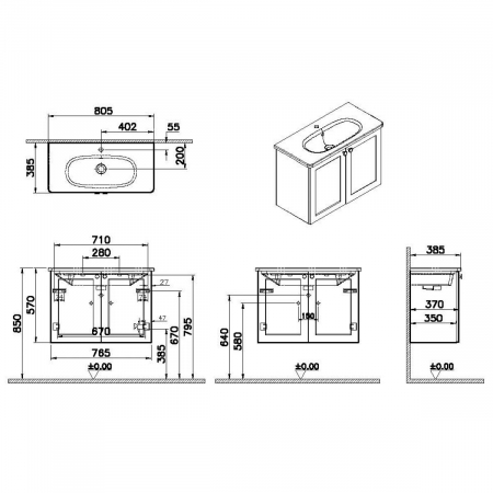Unitate de baza lavoar baie, cu usi 80cm, compact, mat dark albastru, cu rounded lavoar / chiuveta baie | 68657 [1]