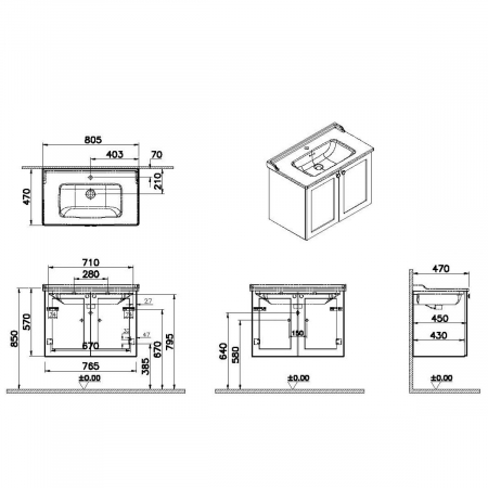 Unitate de baza lavoar baie, cu usi 80cm, mat grey, cu classical lavoar / chiuveta baie | 68724 [1]