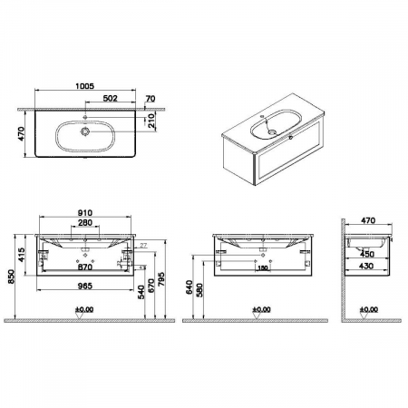 Unitate de baza lavoar baie, cu un sertar 100cm, mat dark albastru, cu rounded lavoar / chiuveta baie | 68825 [1]