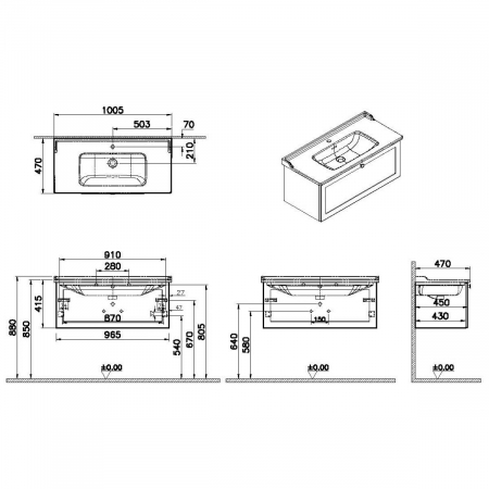 Unitate de baza lavoar baie, cu un sertar 100cm, alb mat, cu classical lavoar / chiuveta baie | 68827 [1]