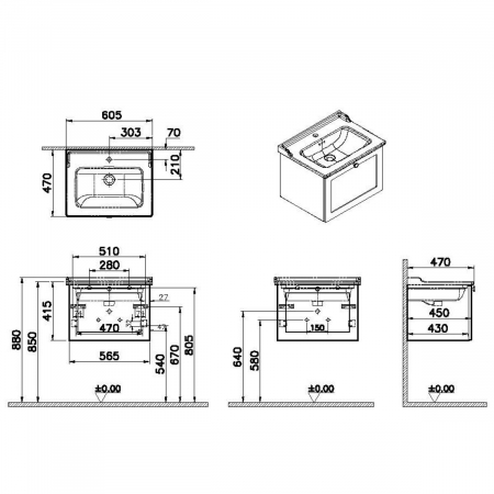 Unitate de baza lavoar baie, cu un sertar 60cm alb mat, cu classical lavoar / chiuveta baie | 68785 [1]