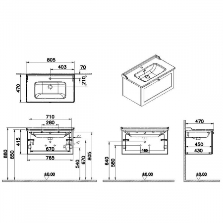 Unitate de baza lavoar baie, cu un sertar 80cm, mat fijord green, cu classical lavoar / chiuveta baie | 68809 [1]