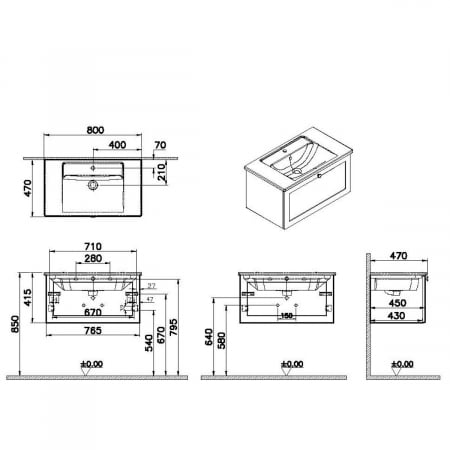 Unitate de baza lavoar baie, cu un sertar 80cm, mat graphite, cu angular lavoar / chiuveta baie | 68796 [1]