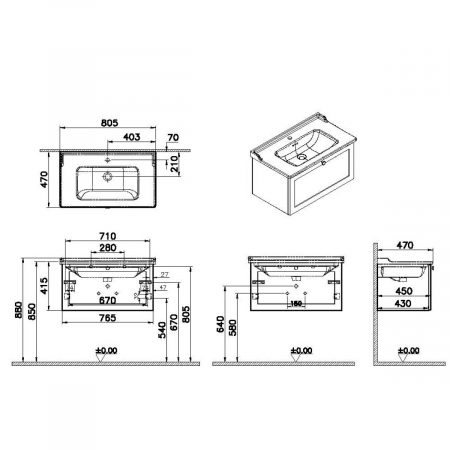 Unitate de baza lavoar baie, cu un sertar 80cm, alb mat, cu classical lavoar / chiuveta baie | 68806 [1]