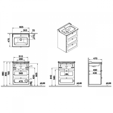 Unitate de baza lavoar baie, cu trei sertare 60cm mat grey, cu classical lavoar / chiuveta baie | 68913 [1]