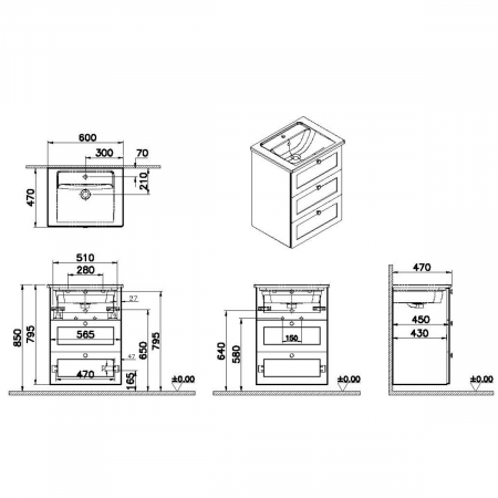 Unitate de baza lavoar baie, cu trei sertare 60cm mat retro green, cu angular lavoar / chiuveta baie | 68903 [1]