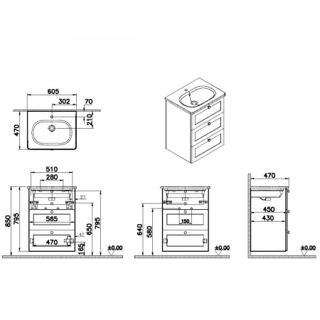 Unitate de baza lavoar baie, cu trei sertare 60cm alb mat, cu rounded lavoar / chiuveta baie | 68904 [1]