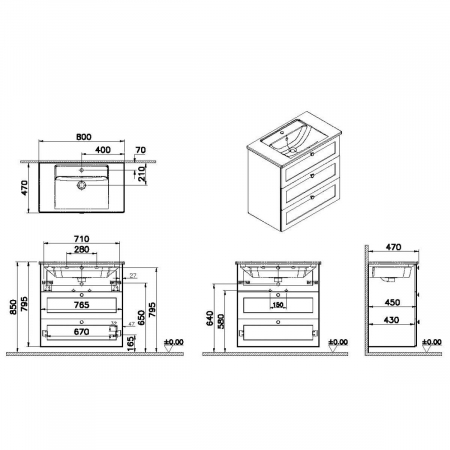 Unitate de baza lavoar baie, cu trei sertare 80cm, mat gri deschis, cu angular lavoar / chiuveta baie | 68919 [1]