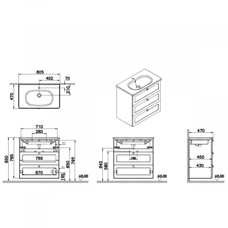 Unitate de baza lavoar baie, cu trei sertare 80cm, mat retro green, cu rounded lavoar / chiuveta baie | 68931 [1]