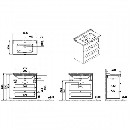 Unitate de baza lavoar baie, cu trei sertare 80cm, alb mat, cu classical lavoar / chiuveta baie | 68932 [1]