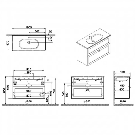 Unitate de baza lavoar baie, cu doua sertare 100cm, mat graphite, cu rounded lavoar / chiuveta baie | 68887 [1]