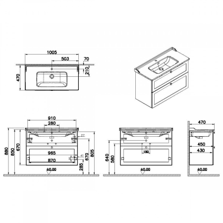 Unitate de baza lavoar baie, cu doua sertare 100cm, mat gri deschis, cu classical lavoar / chiuveta baie | 68891 [1]