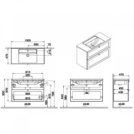 Unitate de baza lavoar baie, cu doua sertare 100cm, alb mat, cu angular lavoar / chiuveta baie | 68876 [1]