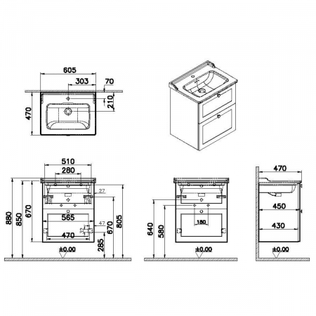 Unitate de baza lavoar baie, cu doua sertare 60cm mat grey, cu classical lavoar / chiuveta baie | 68850 [1]