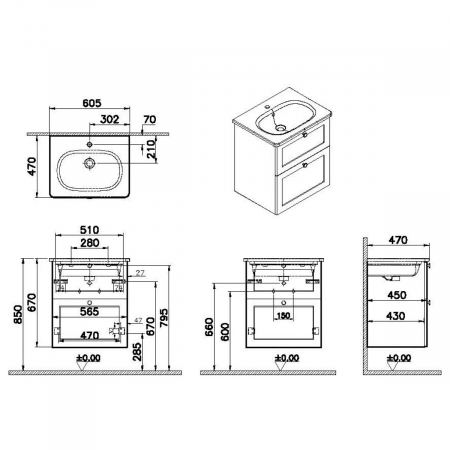 Unitate de baza lavoar baie, cu doua sertare 60cm mat grey, cu rounded lavoar / chiuveta baie | 68843 [1]