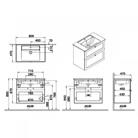 Unitate de baza lavoar baie, cu doua sertare 80cm, mat grey, cu angular lavoar / chiuveta baie | 68857 [1]