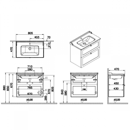 Unitate de baza lavoar baie, cu doua sertare 80cm, alb mat, cu classical lavoar / chiuveta baie | 68869 [1]