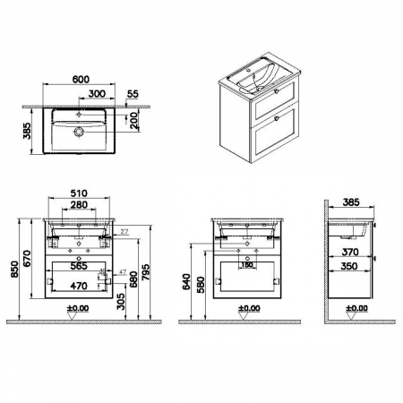 Unitate de baza lavoar baie, cu doua sertare, compact 60cm mat dark albastru, cu angular lavoar / chiuveta baie | 68664 [1]