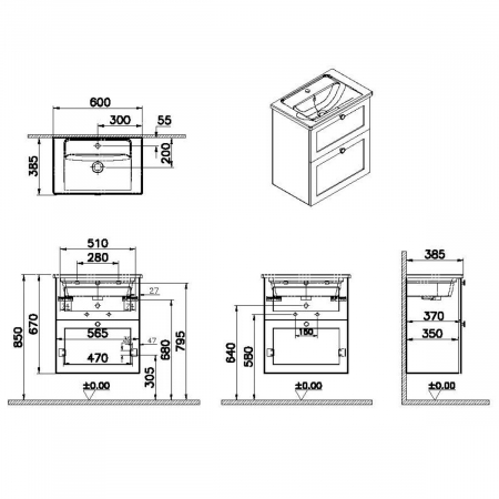 Unitate de baza lavoar baie, cu doua sertare, compact 60cm mat gri deschis, cu angular lavoar / chiuveta baie | 68660 [1]